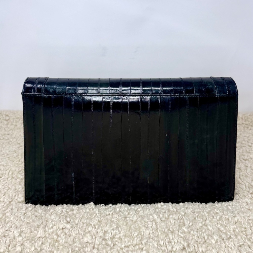 Vintage Genuine Eel Skin Large Black Envelope Clutch Bag Made in Korea Purse